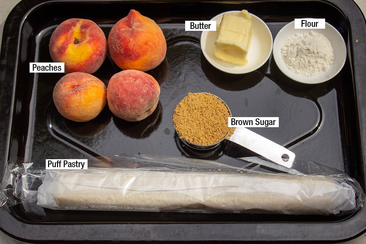 Peaches, butter, brown sugar, flour, 1 sheet puff pastry.