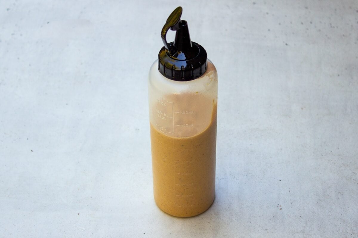 pumpkin pancakes batter in squeeze bottle