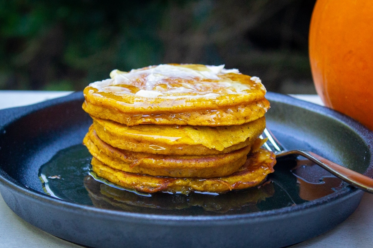 stack of pumpkin pancakes on plate 5