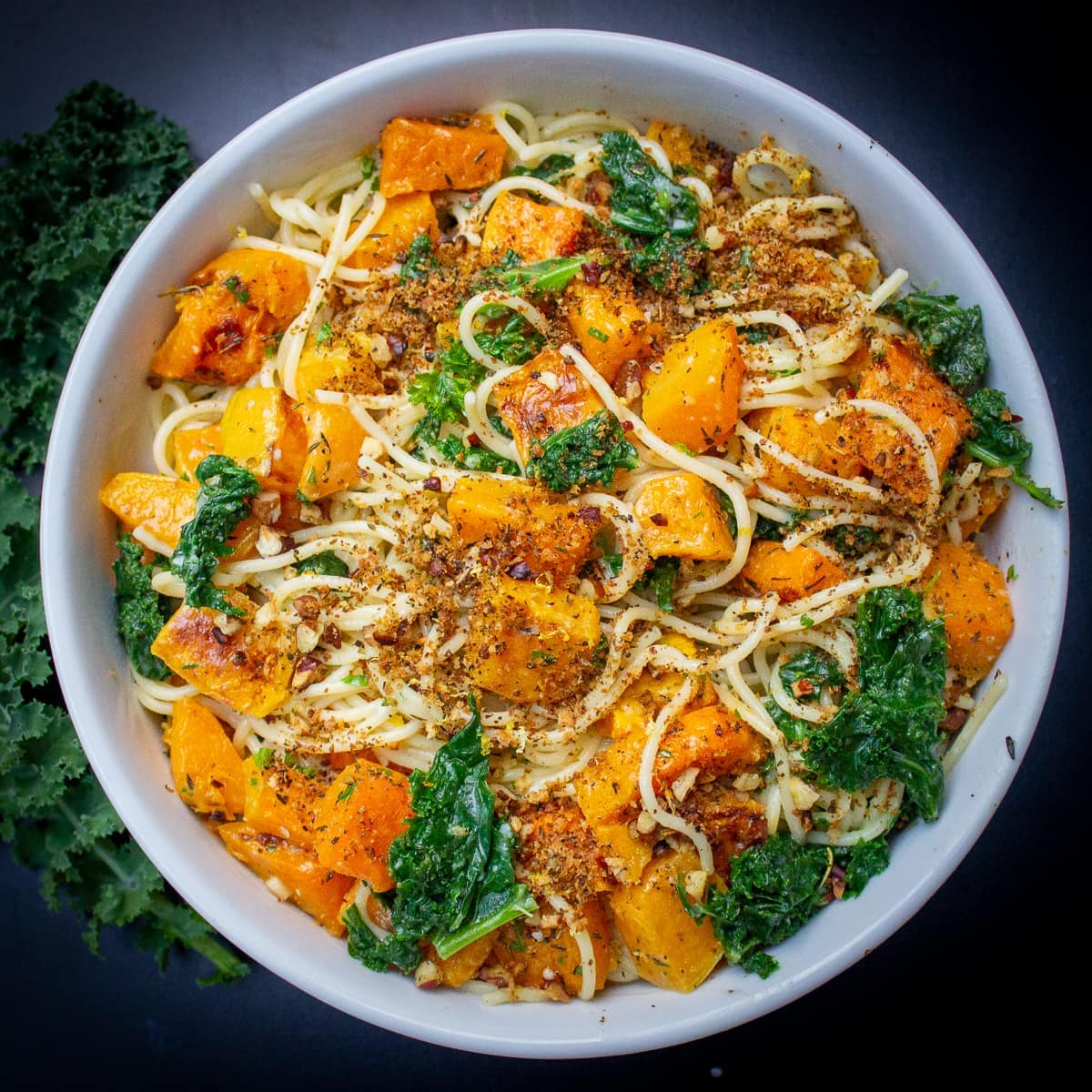 pasta with squash, kale, butter sauce and crumb topping 3