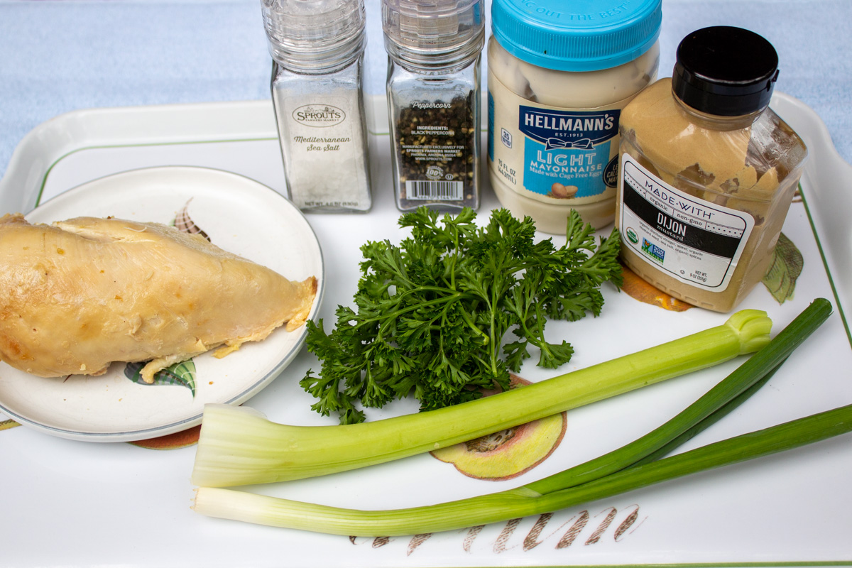 chicken breast, celery, parsley, scallion, mayonnaise, dijon, salt, pepper