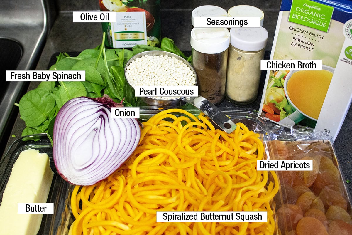 Pearl couscous, spiralized butternut squash, fresh baby spinach, dried apricots, butter, seasonings, chicken broth, onion, olive oil.