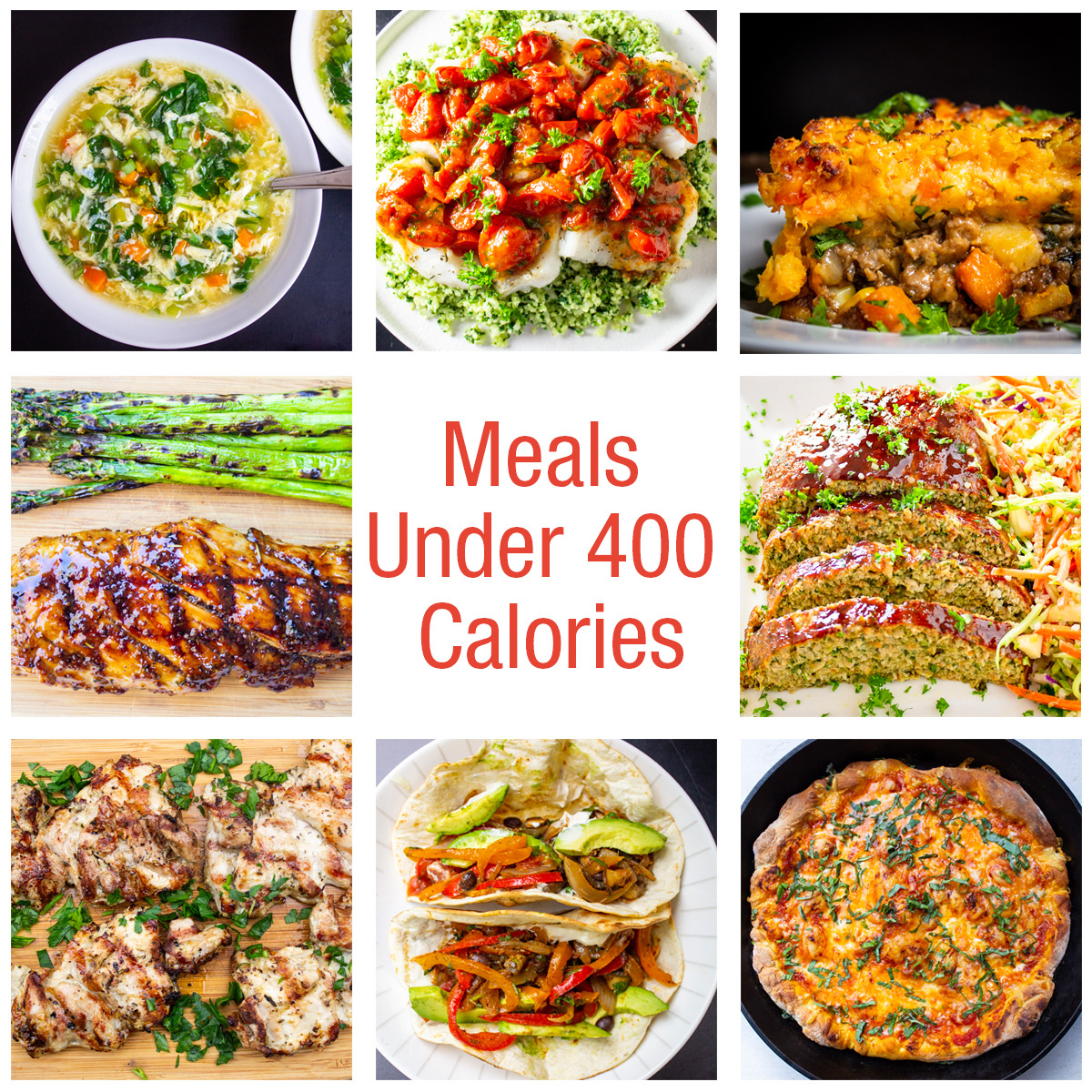 collage of meals under 400 calories