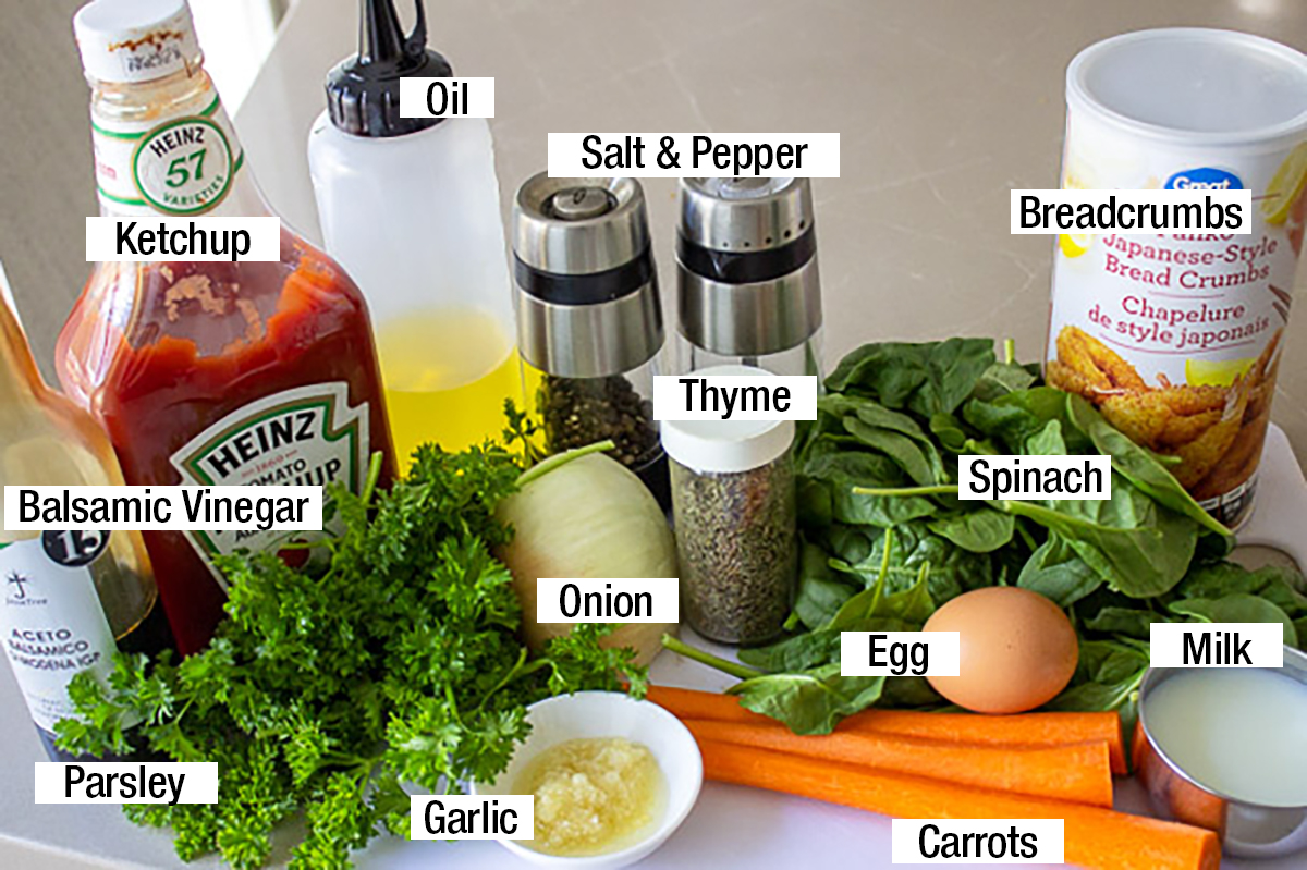 Breadcrumbs, ketchup. balsamic vinegar, thyme, salt, pepper, milk, egg, parsley, garlic, carrots, onion, oil, spinach.