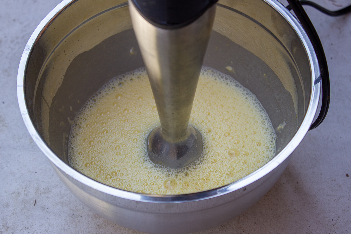 batter blended in bowl with immersion blender