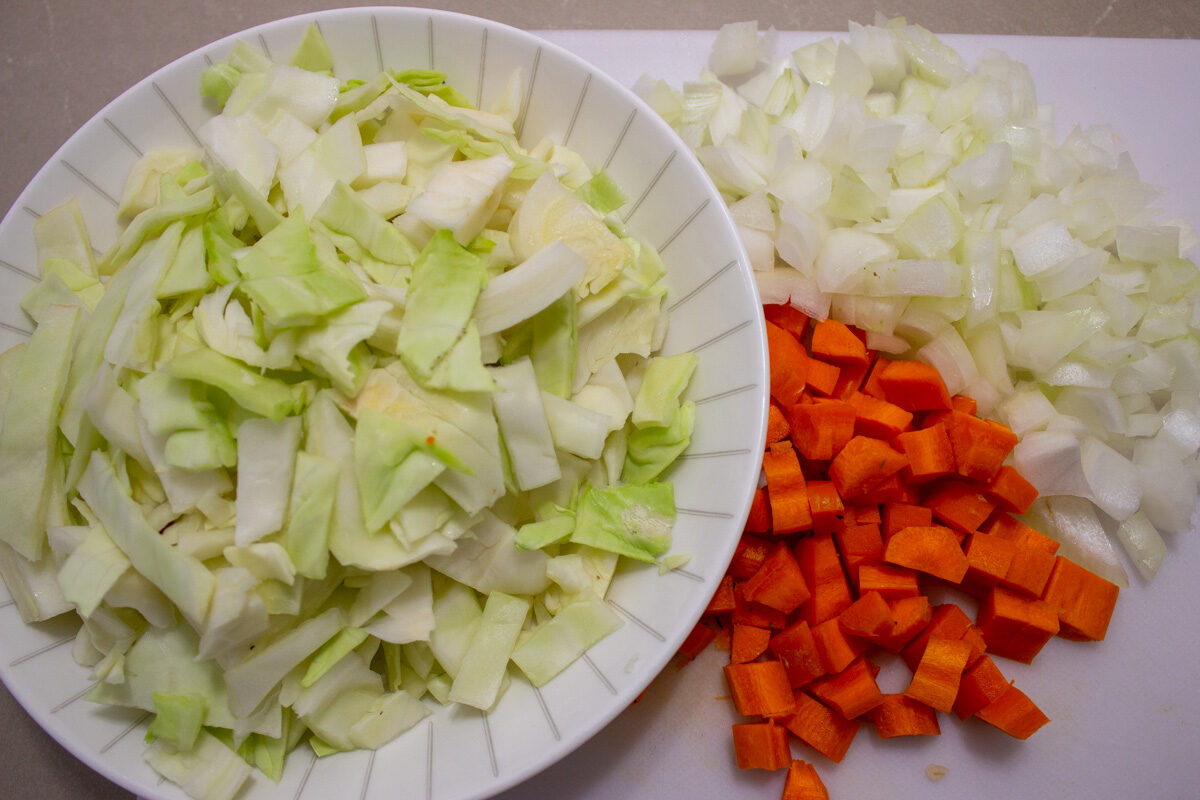 chopped cabbage, carrots, onions