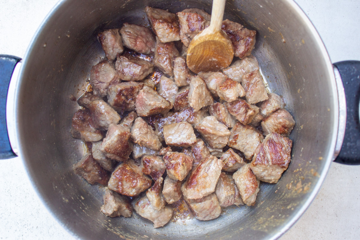 sauteed beef cubes in pot