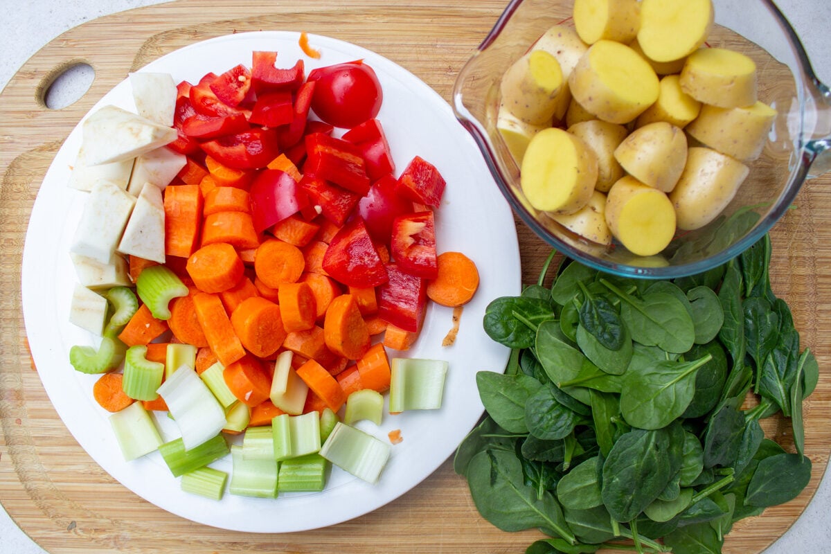 diced peppers, carrots, onions, celery, potatoes, spinach