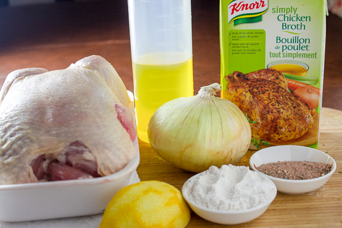 chicken, onion, flour, lemon, broth, oil, seasonings