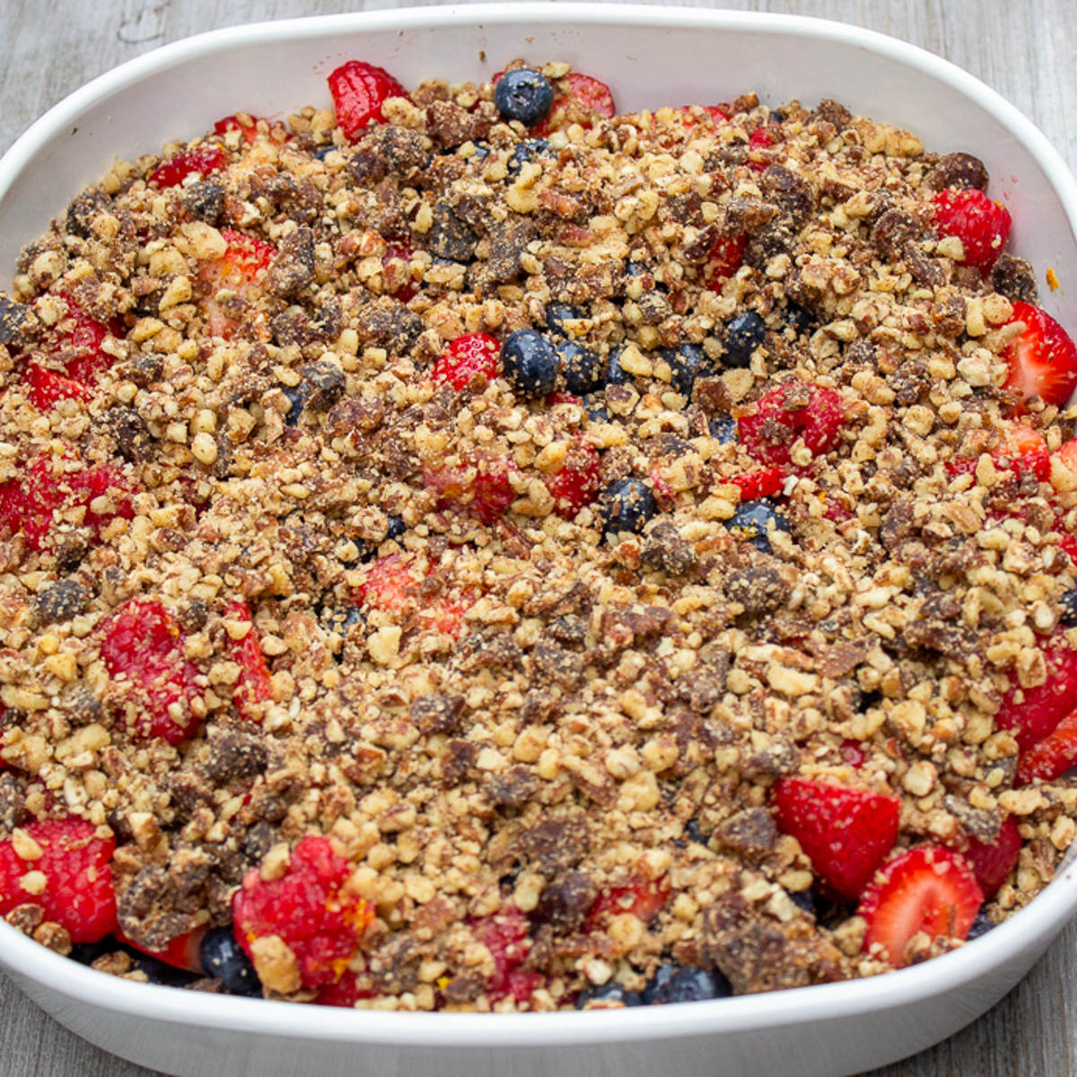 berry crumble in serving dish