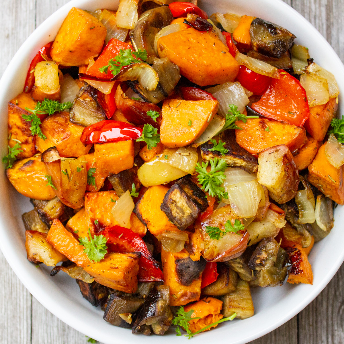 roasted vegetables in round dish