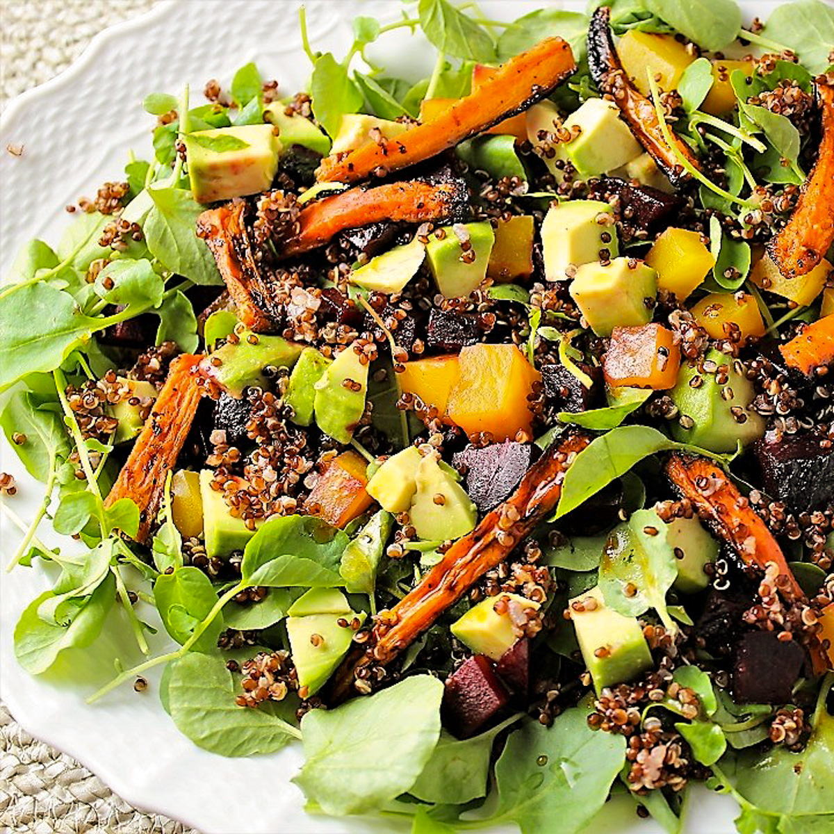 Quinoa Avocado Salad with Roasted Carrots and Beets