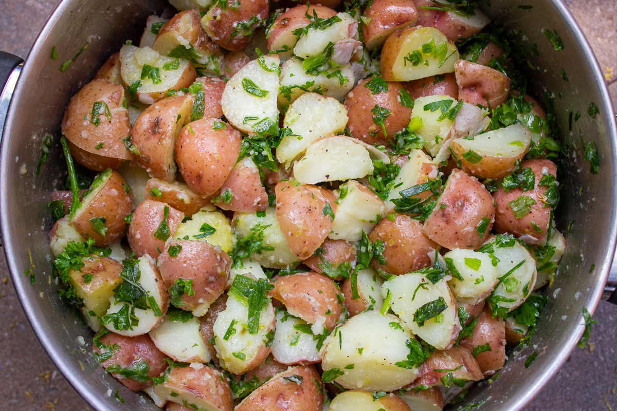 pot of herbed potato salad