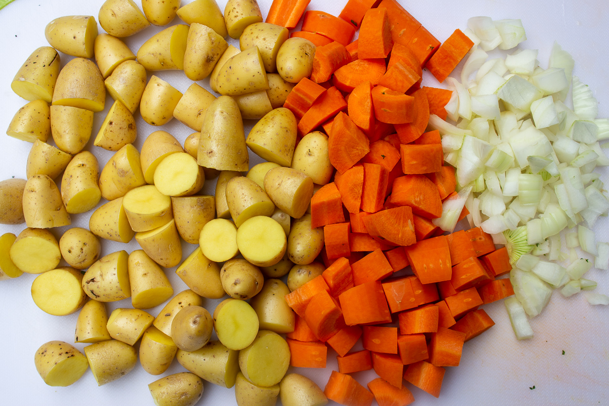 diced onions, bit sized carrots and potatoes