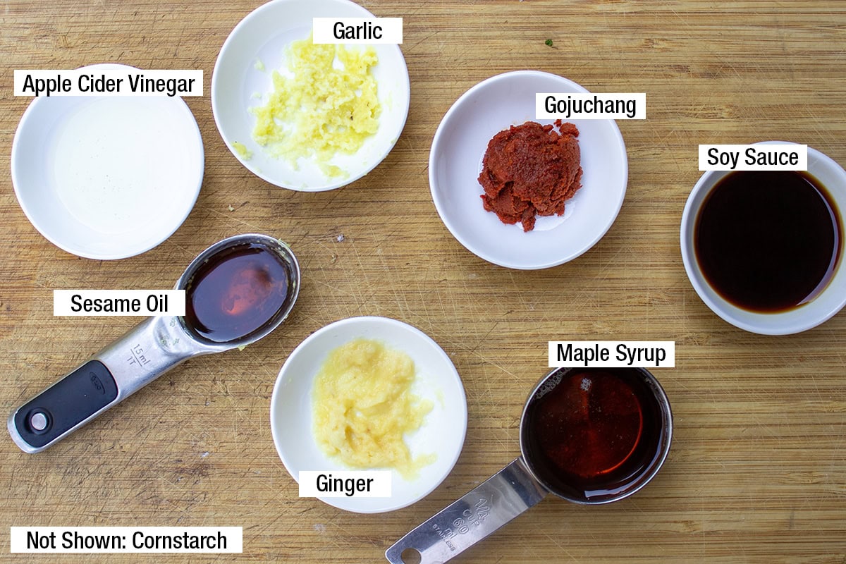 Gojuchang, maple syrup, garlic, ginger, cornstarch, soy sauce, sesame oil, apple cider vinegar.