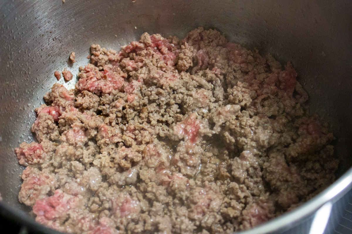 ground beef sauteed in pot