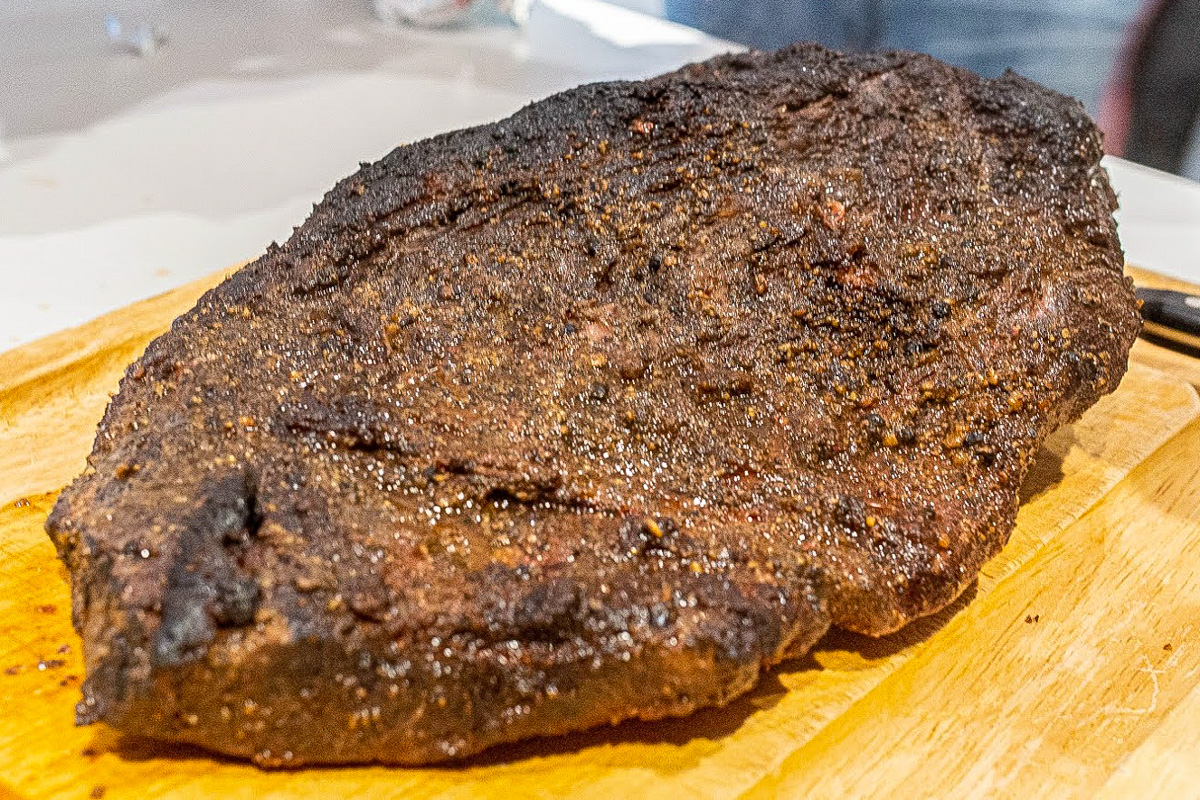 finished brisket on cutting board before cutting