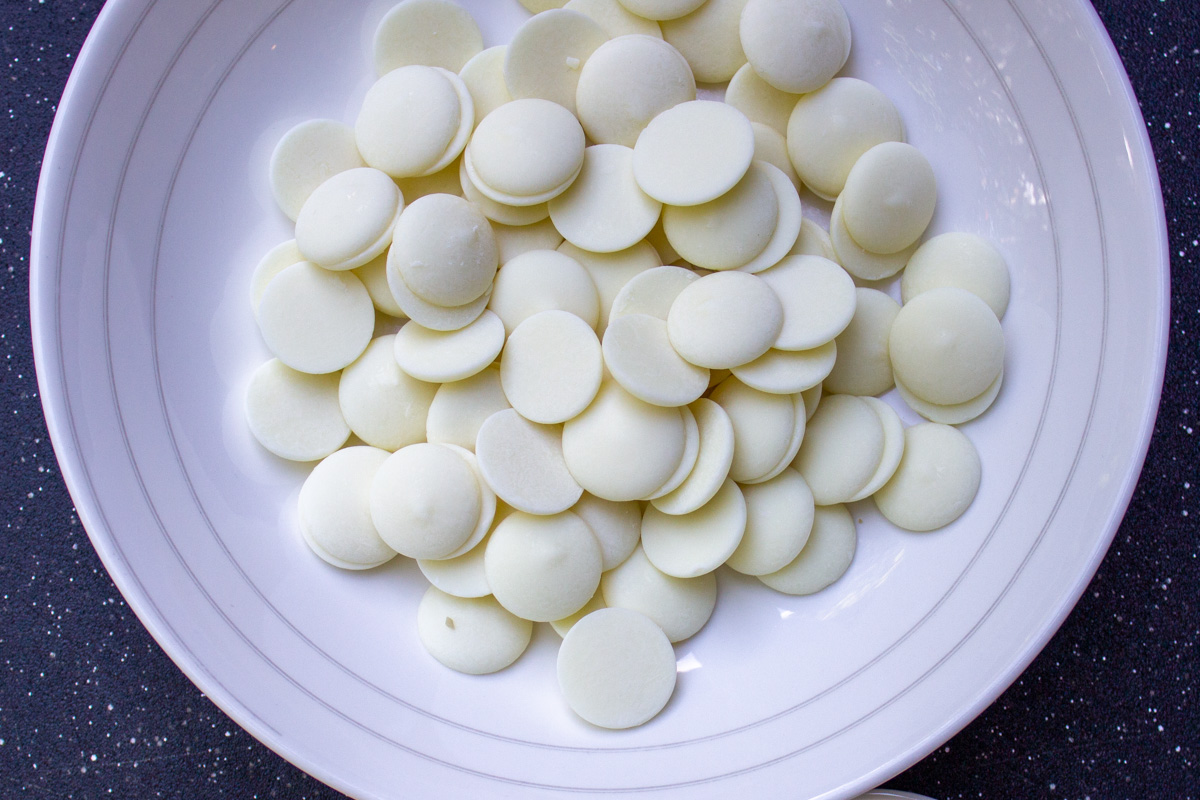 white chocolate wafers in white bowl
