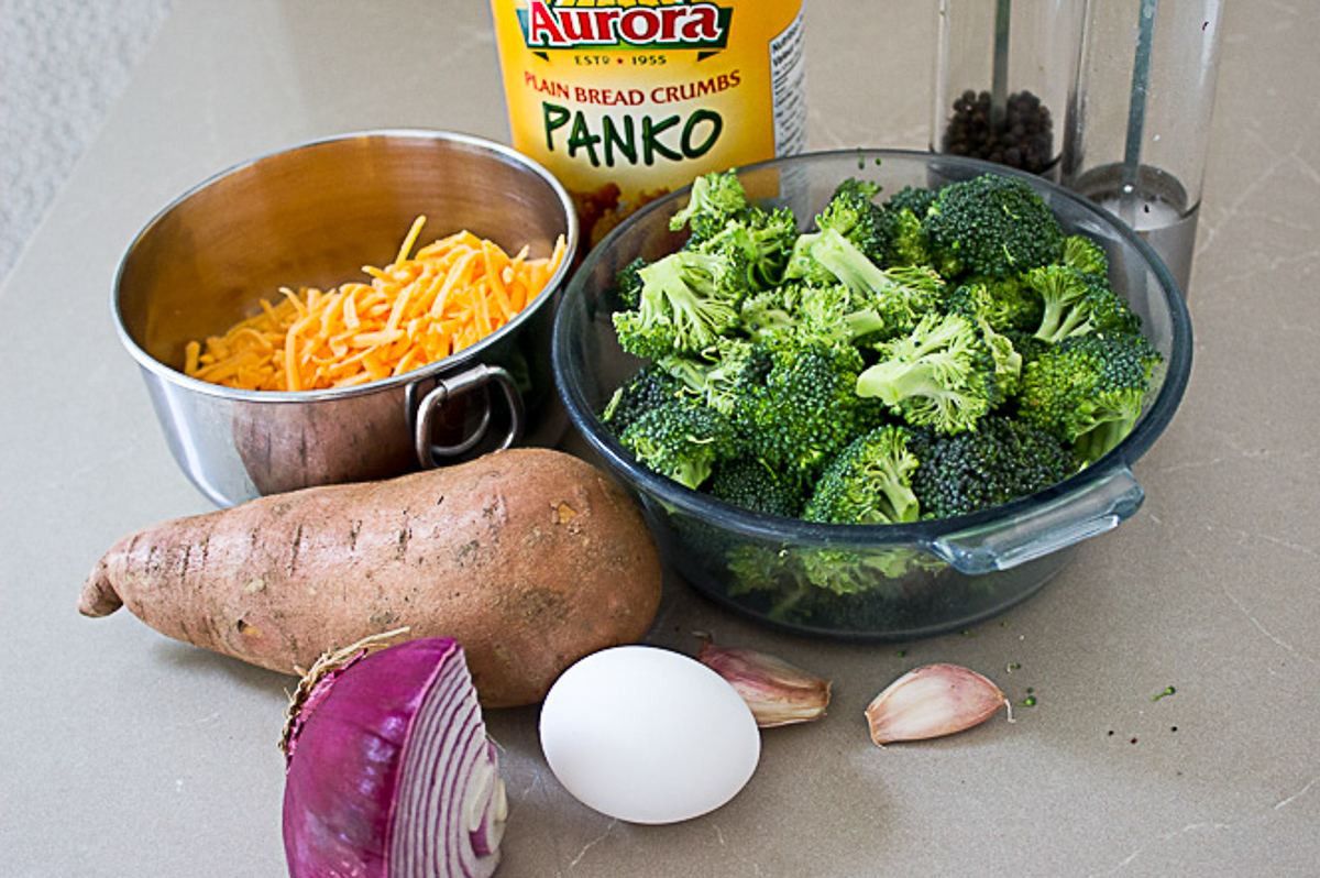 broccoli, cheese, sweet potato, egg, onion, panko, garlic seasoning