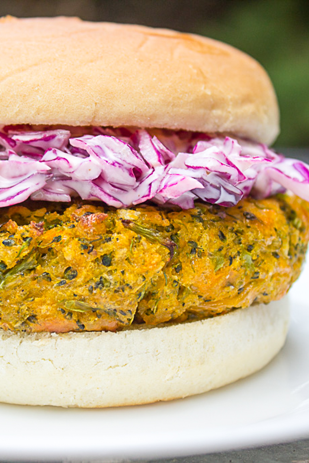 broccoli-burger with purple coleslaw in bun p