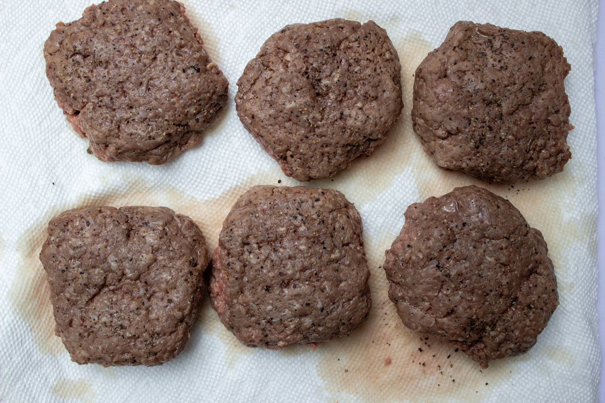 hamburger patties after sous vide cooking on paper towel