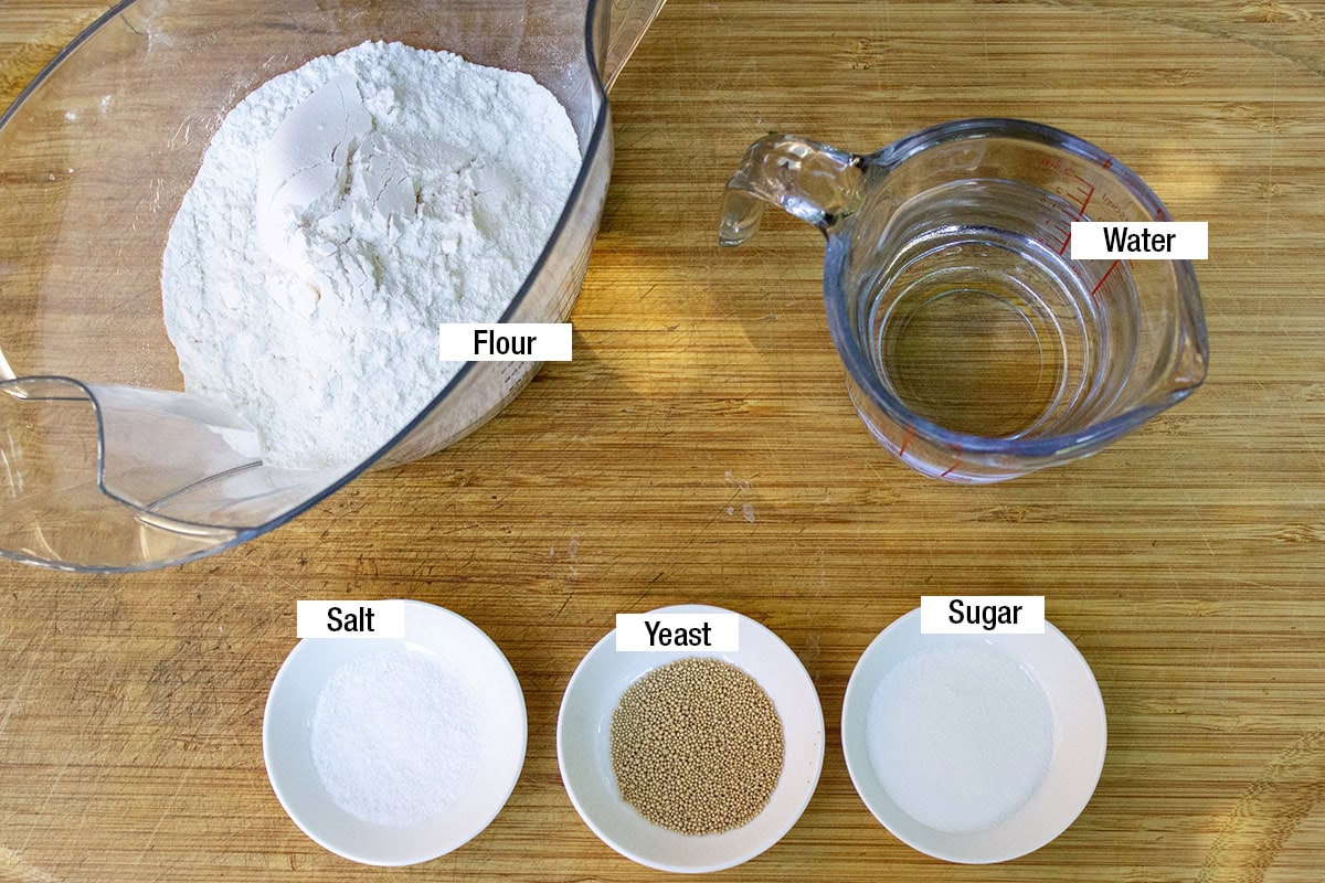 Flour, salt, sugar, yeast, water.