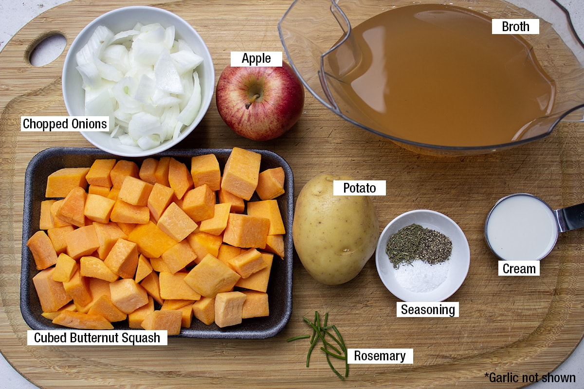 cubed butternut squash, chopped onions, apple, potato, seasoning, broth, cream, and garlic not shown.