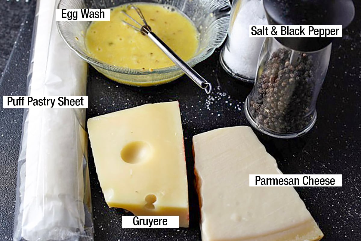 Puff pastry sheet, gruyere, parmesan cheese, egg wash, salt, black pepper.