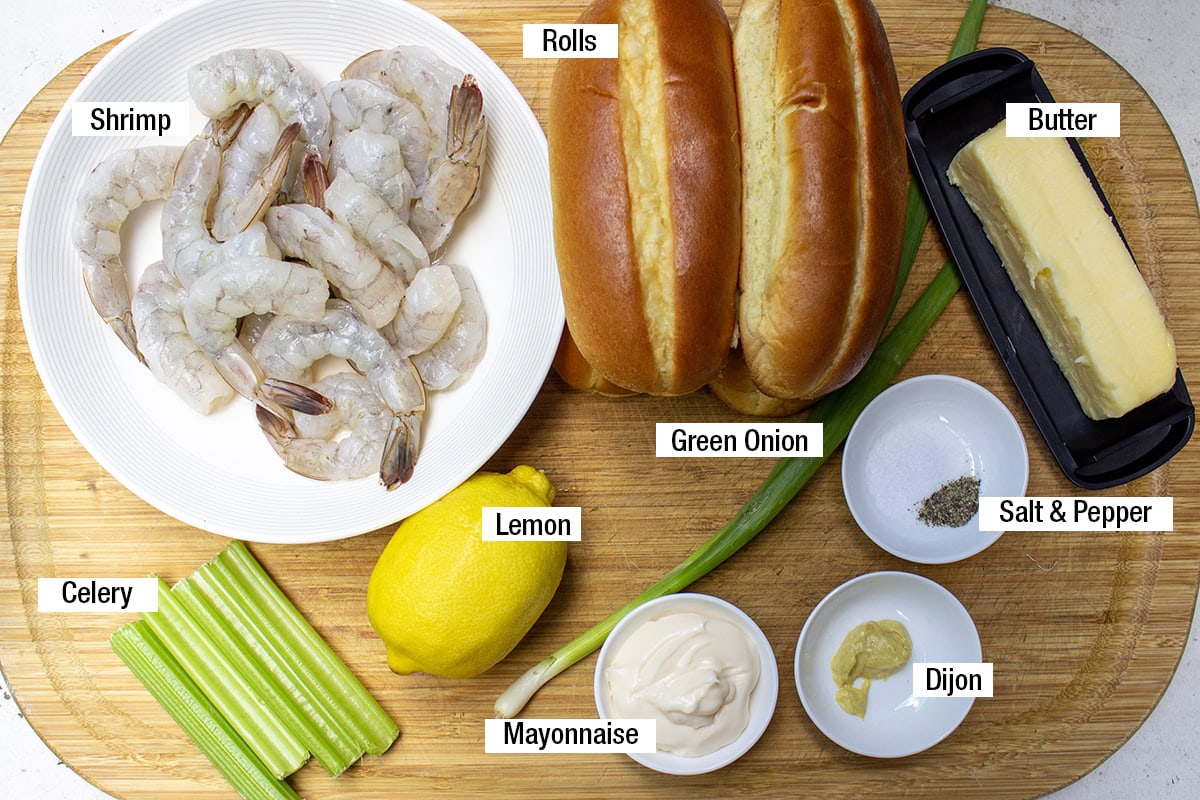 Shrimp, rolls, lemon, celery, mayonnaise, Dijon, salt, pepper, butter, green onion.