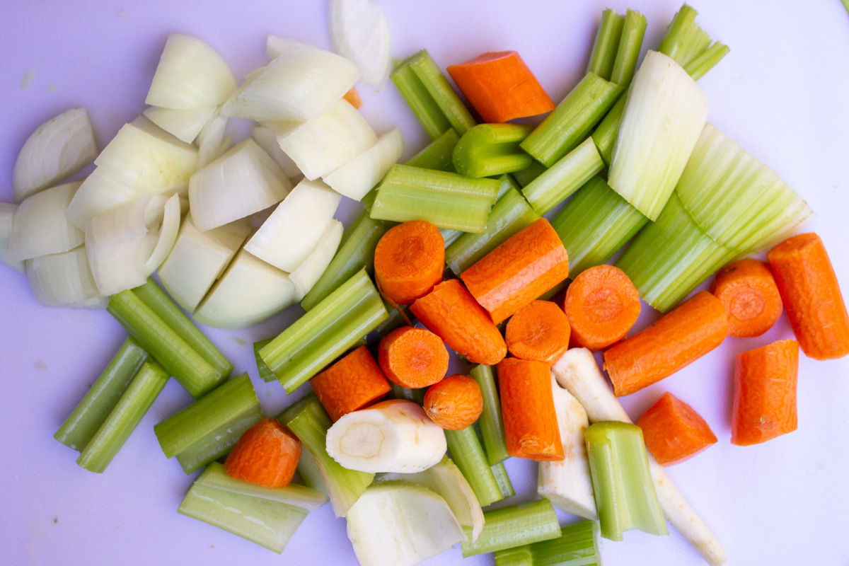 chunks of celery, carrot, onion