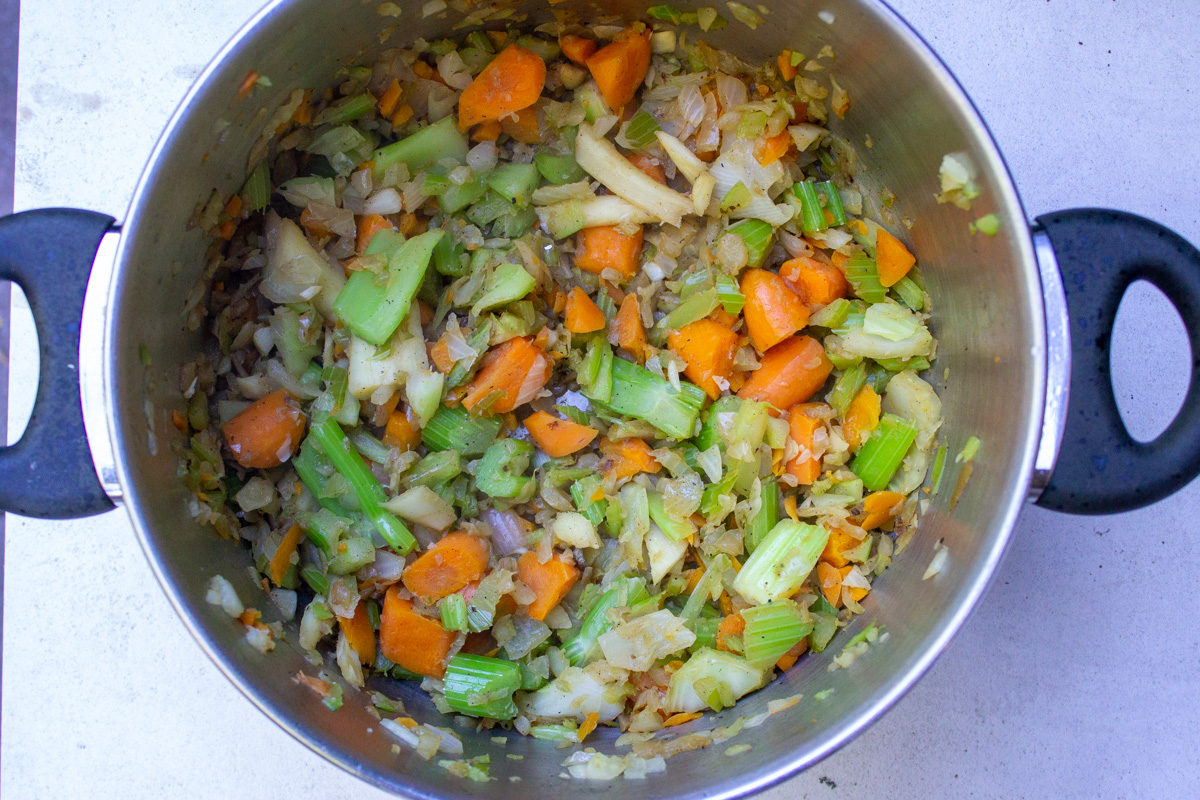 sauteed veggies in pot