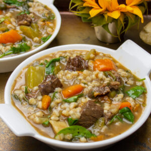 two bowls of beef barley soup