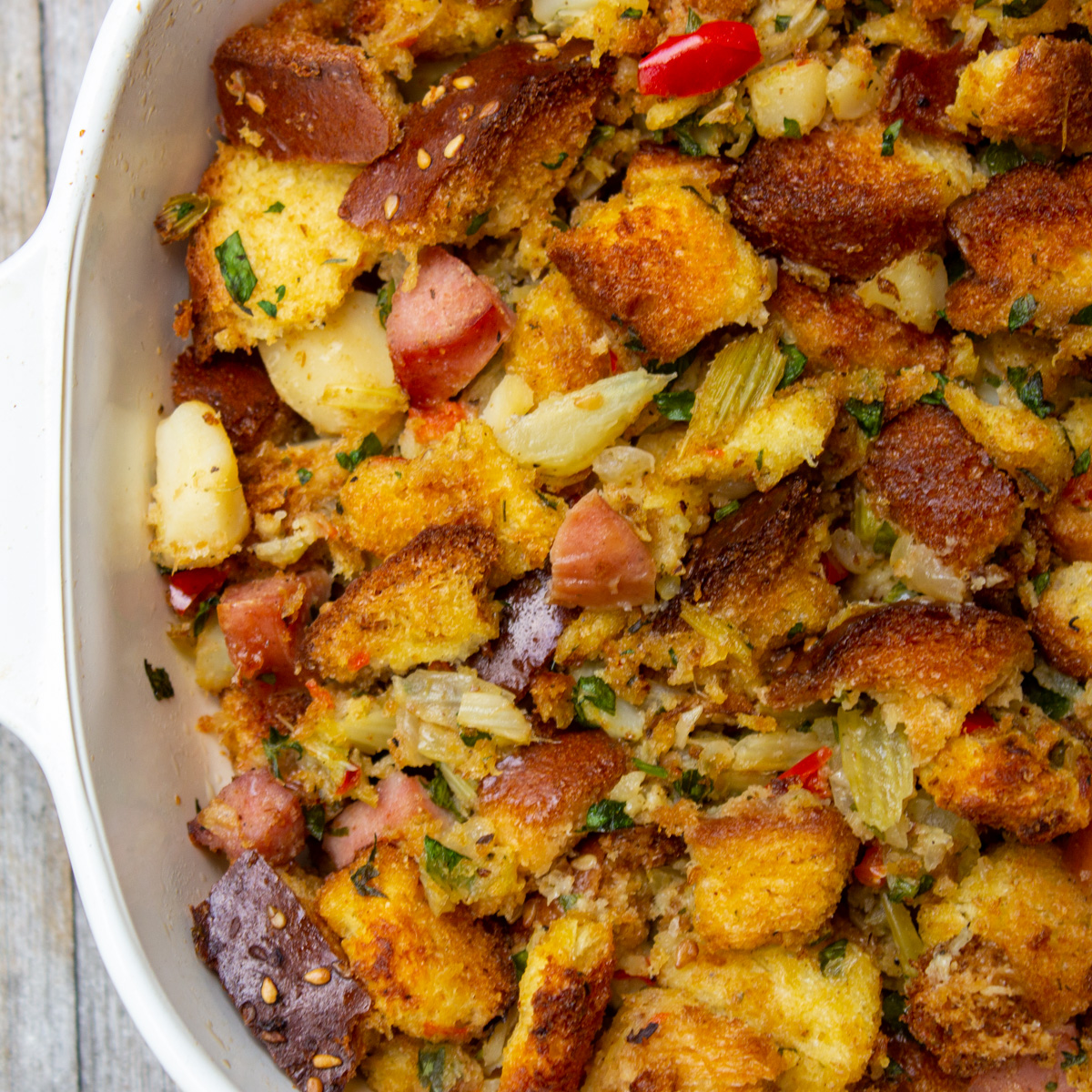 stuffing in white casserole dish