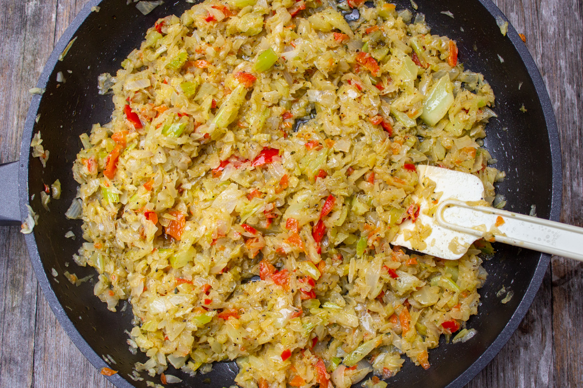 sauteed onions celery, peppers and seasonings in skillet