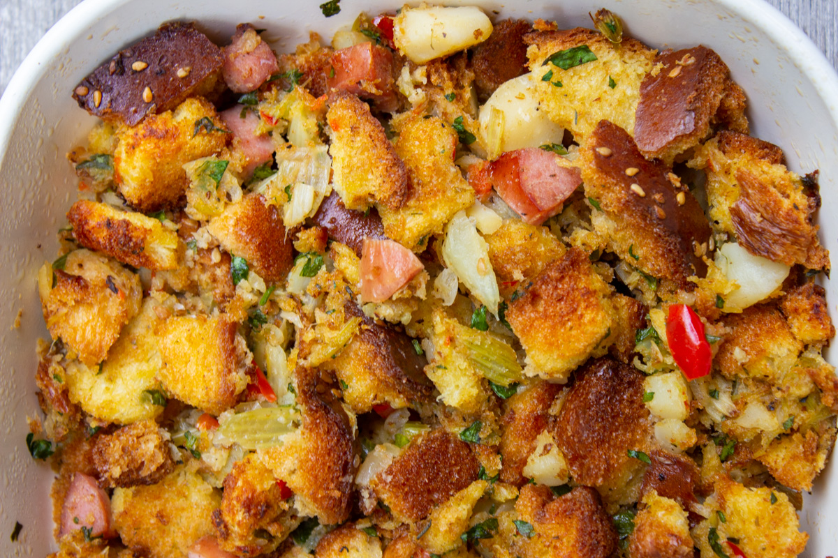 stuffing in casserole dish