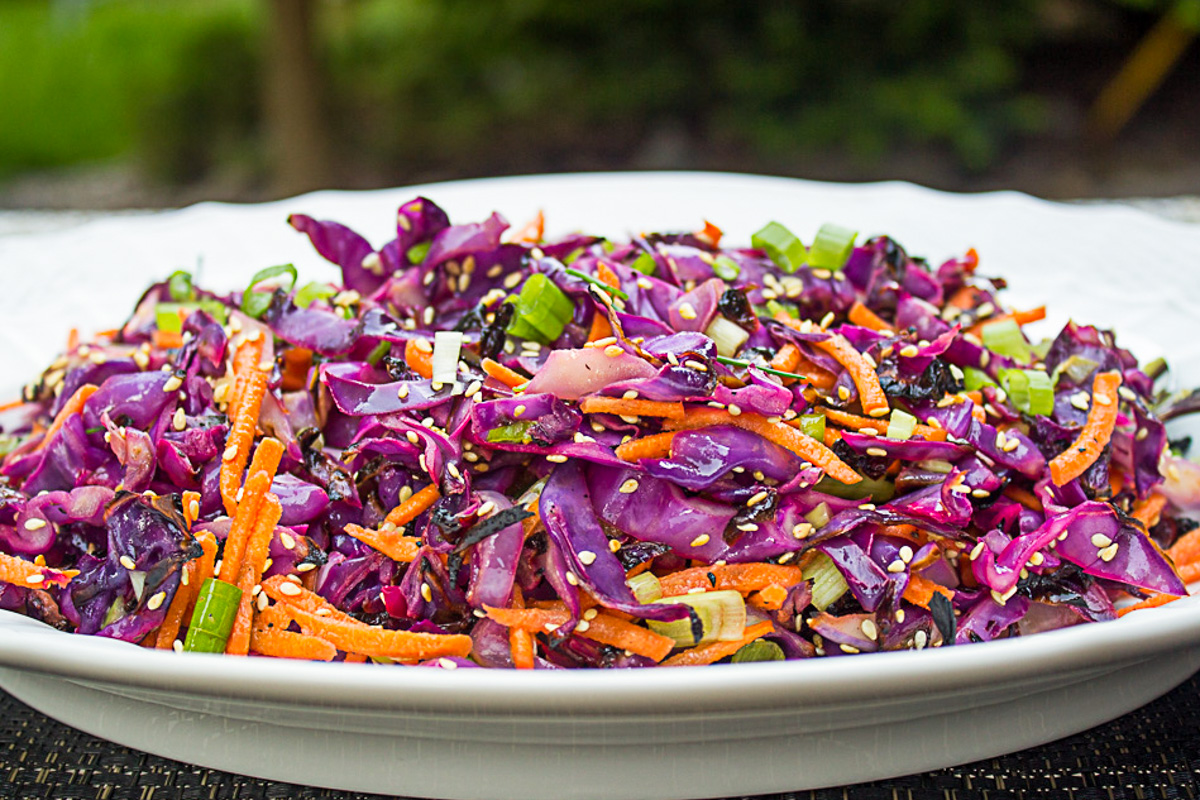 purple cabbage slaw  no mayo on white plate