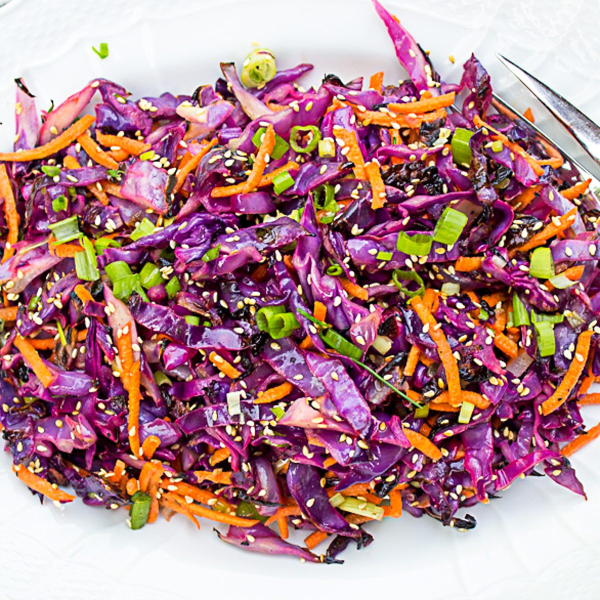 purple cabbage slaw on white plate