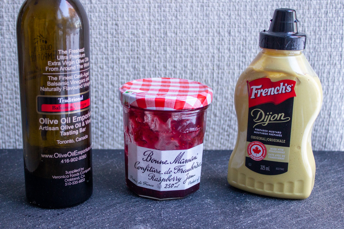 Dijon, balsamic vinegar, raspberry jam