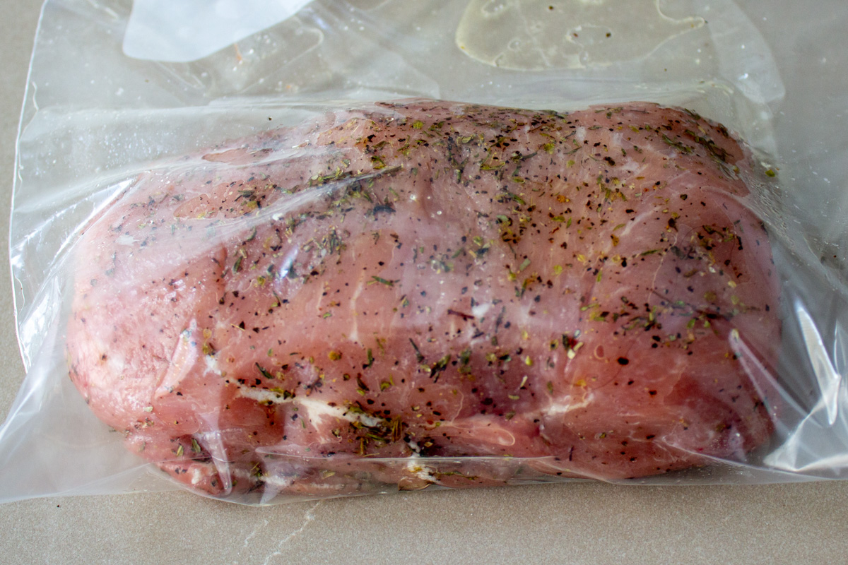 seasoned pork loin in sous vide bag
