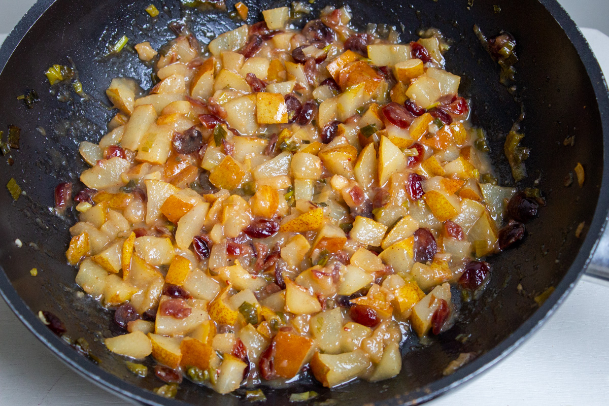 pear chutney cooking in skillet.