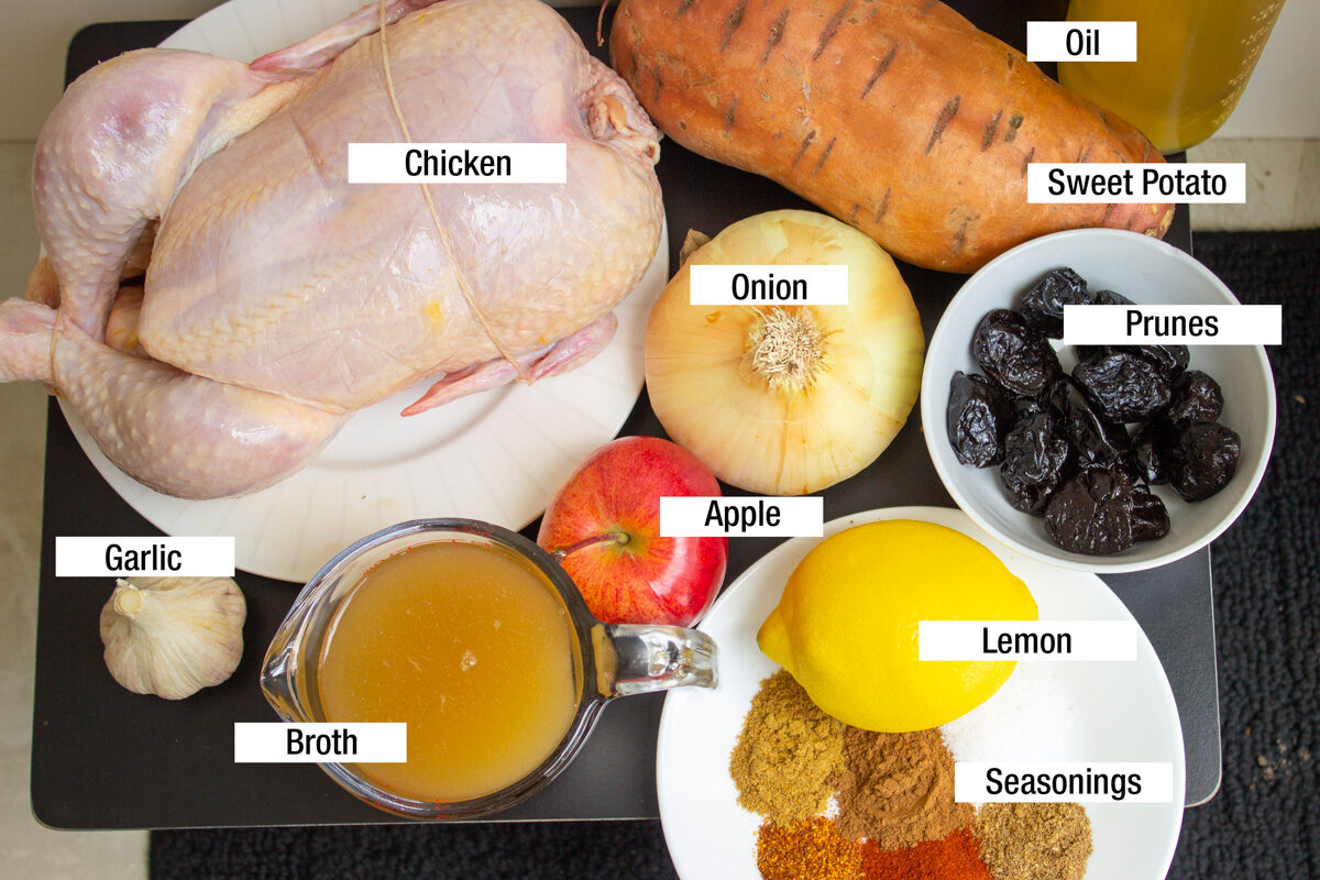 chicken, onion, broth, sweet potato, lemon, apple, prunes, seasonings, oil