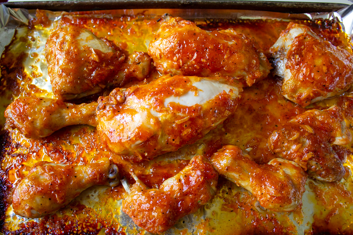 baked apricot chicken on baking sheet