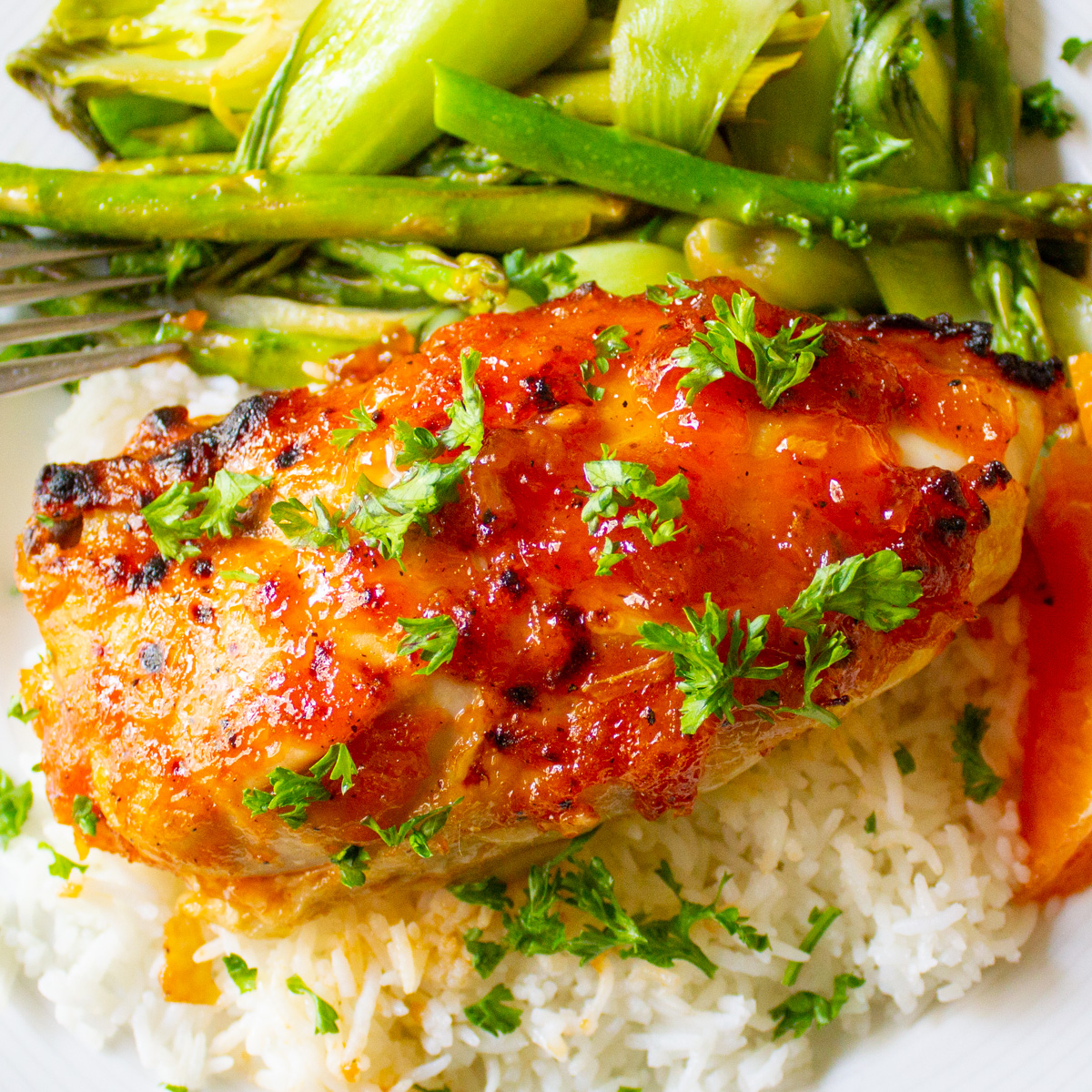 apricot chicken breast on plate with bok choy and rice