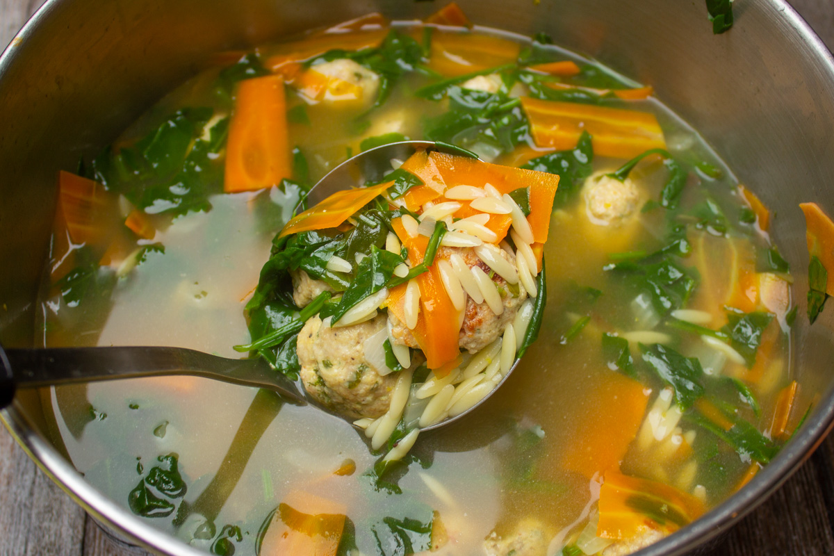 pot of chicken meatball soup