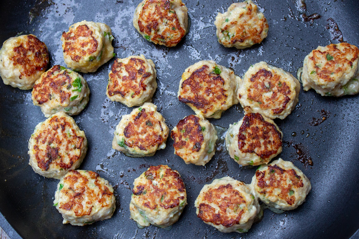 pan fried meatballs in skillet