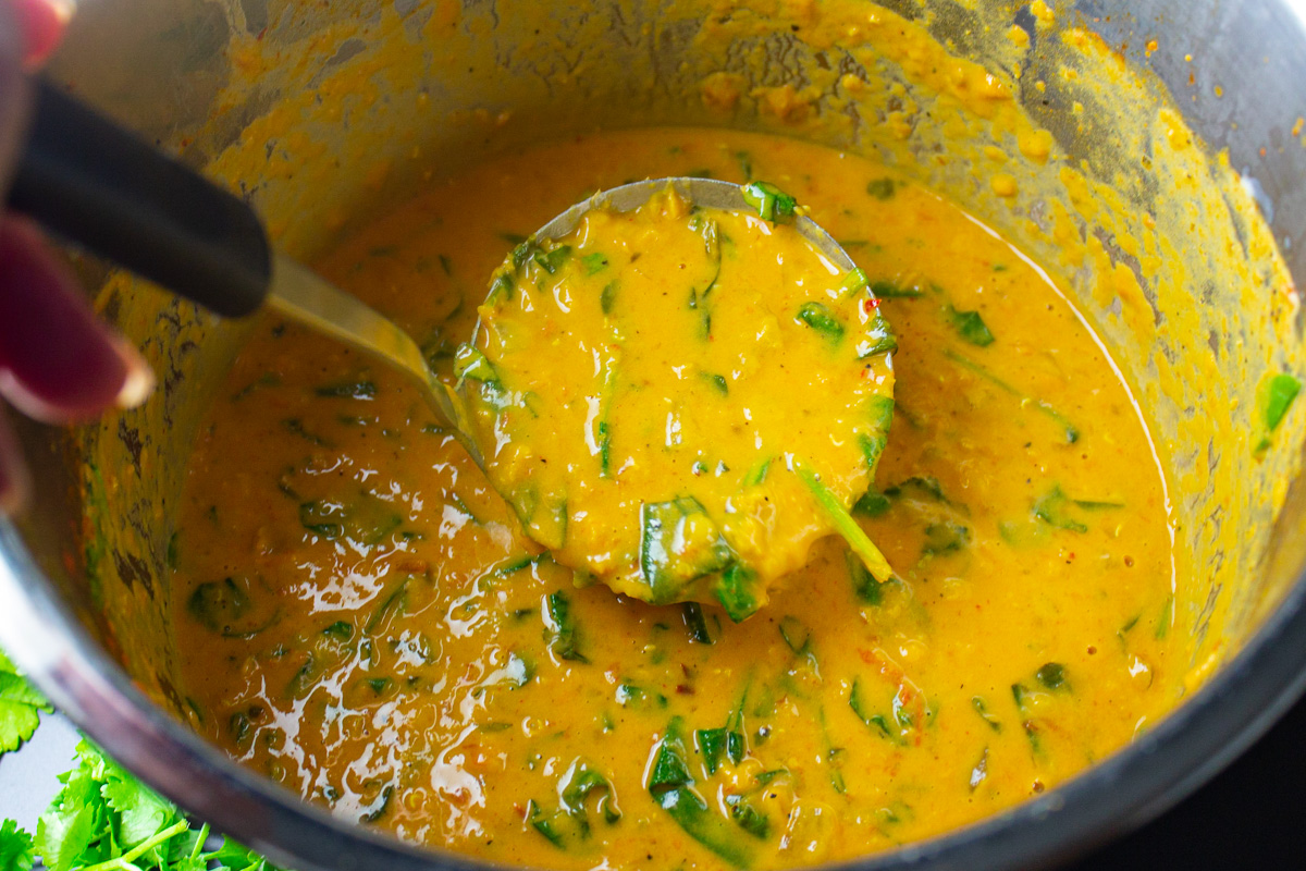ladle scooping up lentil soup over pot