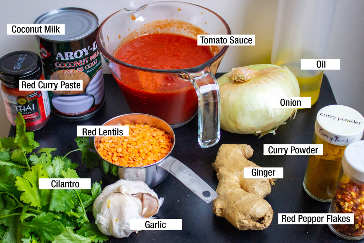 red lentils, tomato sauce, onion, garlic, cilantro, pepper flakes, coconut milk, oil