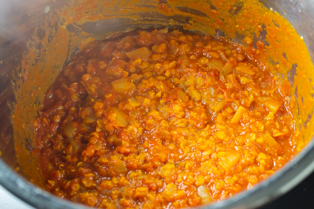 cooked lentil soup mixture in instant pot