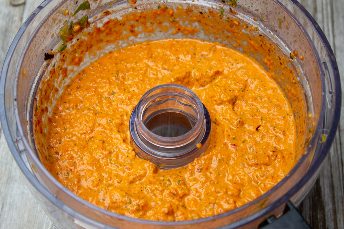 red pepper sauce blended in food process bowls