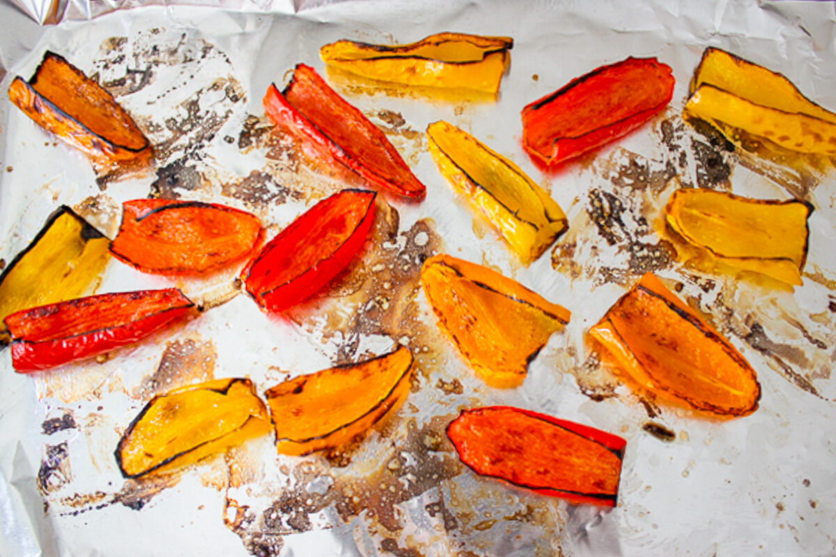 roasted mini peppers unstuffed on pan